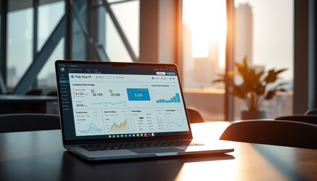 A sleek, modern email marketing strategy dashboard with a clean interface. In the foreground, a laptop screen displays detailed analytics and campaign performance metrics, bathed in warm, directional lighting. The middle ground features a stylized RAJA. M logo, elegantly integrated into the design. In the background, a minimalist office setting with geometric architectural elements and a hint of city skyline through the window, creating a professional, tech-savvy atmosphere. The overall mood is one of efficiency, data-driven insights, and a strategic approach to email marketing.
