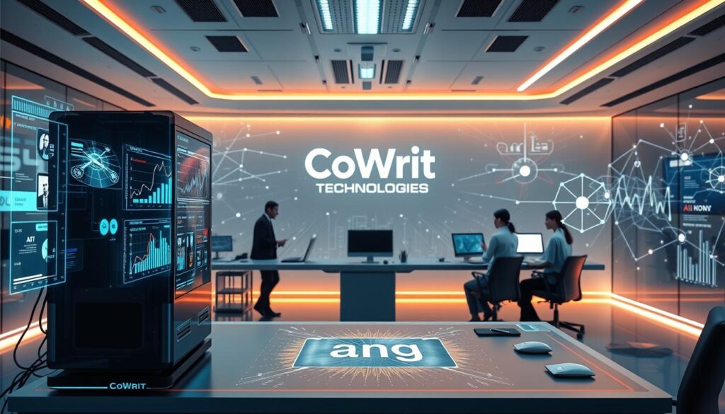 A-state-of-the-art-AI-system-at-the-center-of-a-sleek-futuristic-marketing-command-center.-In- A state-of-the-art AI system at the center of a sleek, futuristic marketing command center. In the foreground, a holographic display showcases data visualizations and analytical insights. In the middle ground, a team of marketing professionals collaborate using advanced AI-powered tools. The background features the CoWrit Technologies logo, surrounded by a network of interconnected nodes and digital pathways, representing the power of AI-driven marketing strategies. Vibrant colors, clean lines, and a sense of technological sophistication create an atmosphere of innovation and progress.