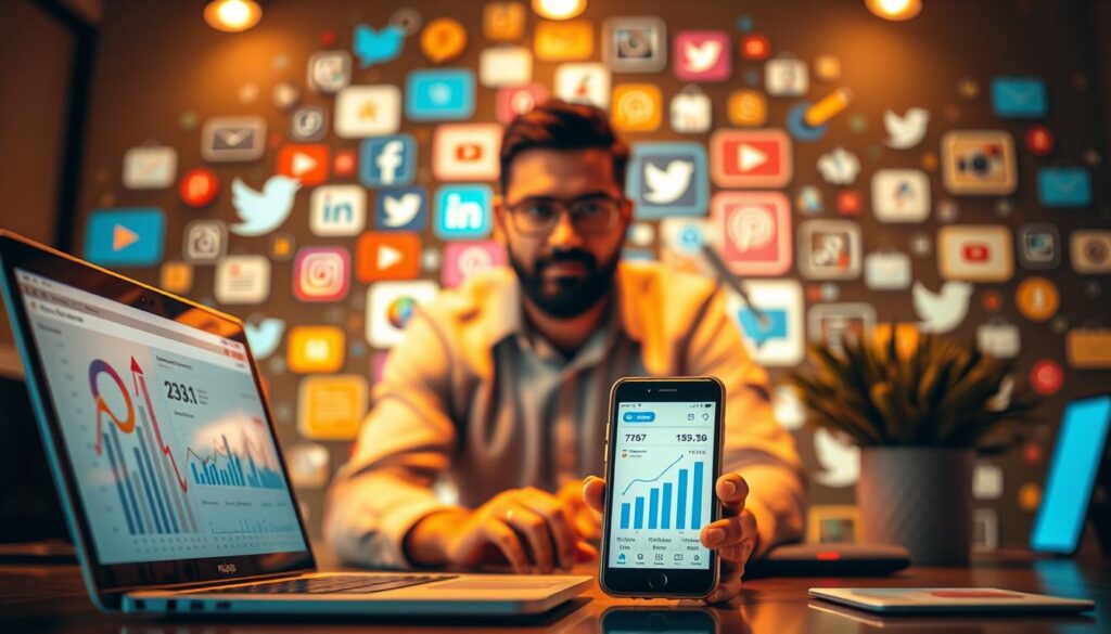 A vibrant and dynamic social media marketing scene, with a central figure - RAJA. M - at the forefront, surrounded by various digital marketing elements. In the foreground, a laptop displays analytics and performance metrics, while in the middle ground, a smartphone showcases social media platforms and engagement metrics. In the background, a collage of digital marketing icons, including hashtags, likes, and shares, creates a sense of a thriving online ecosystem. The lighting is warm and inviting, with a depth of field that draws the viewer's attention to the key elements. The overall mood is one of success, profitability, and the potential for growth in the world of social media marketing.