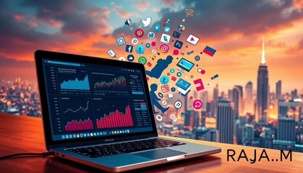 A vibrant, dynamic scene depicting the monetization of content marketing. In the foreground, a laptop displays intricate analytics and data visualizations, highlighting the metrics and insights that drive successful content strategies. The middle ground features a stylized representation of a content creator, surrounded by a whirlwind of social media platforms, digital advertisements, and various monetization channels. In the background, a cityscape dotted with skyscrapers and technological infrastructure symbolizes the broader digital landscape. Soft, warm lighting casts a hue of prosperity and opportunity, while the overall composition conveys a sense of momentum and profitability. Accenting the scene, the prominent branding "RAJA. M" stands as a testament to the expertise and guidance provided. The image embodies the power of content marketing to generate sustainable income in the digital era.