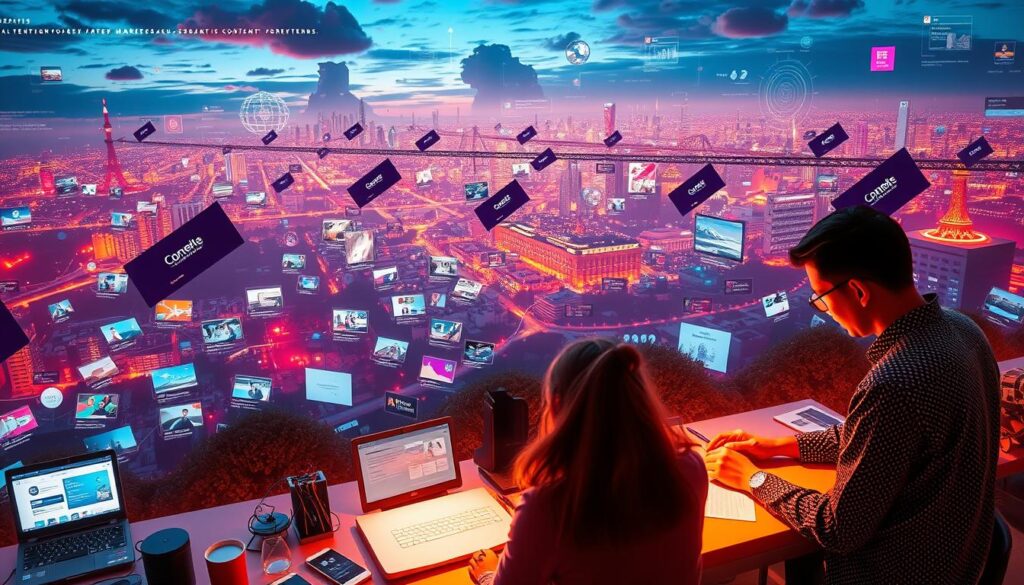 A-visually-striking-digital-landscape-showcasing-the-latest-content-marketing-trends.-In-the A visually striking digital landscape showcasing the latest content marketing trends. In the foreground, a team of creatives from CoWrit Technologies craft engaging brand stories, their work illuminated by warm, cinematic lighting. In the middle ground, a tapestry of multimedia content unfolds - social media posts, video snippets, and interactive infographics. The background reveals a panorama of emerging technologies, from AI-powered content generation to immersive AR experiences, all working in harmony to reshape the future of brand storytelling. The scene conveys a sense of innovation, collaboration, and the dynamic evolution of the content marketing industry.
