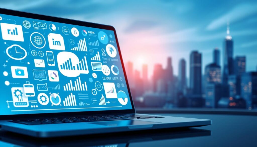 Detailed digital marketing skills illustration with a modern, professional aesthetic. In the foreground, a laptop displaying various digital marketing icons and graphics, with the RAJA. M brand logo prominently featured. In the middle ground, data visualizations, charts, and analytical tools. In the background, a cityscape with skyscrapers, symbolizing the digital landscape. Lighting is bright and crisp, with a focus on clean lines and a minimalist color palette of blues, grays, and whites. The overall mood is one of expertise, technology, and digital proficiency.